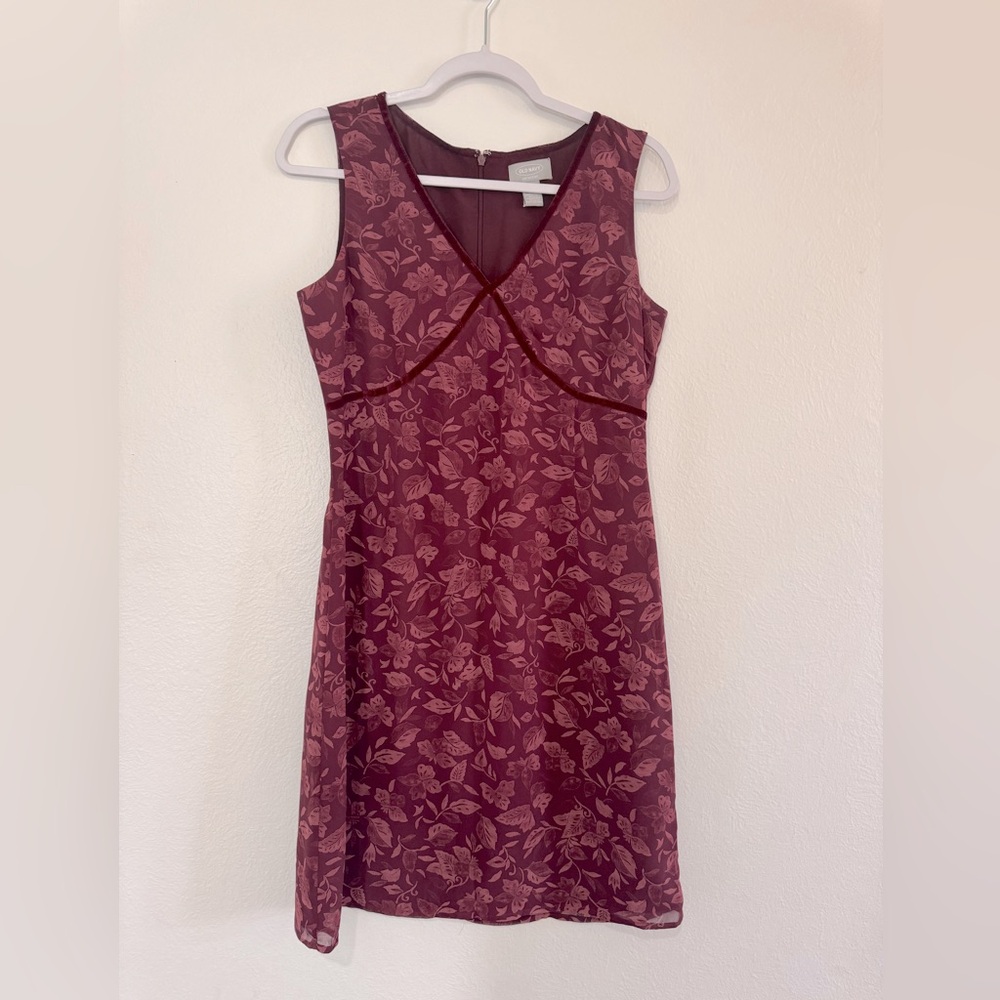 Old Navy Collection Burgundy Floral Velvet Trim V-Neck Sheath Dress 8 (746)